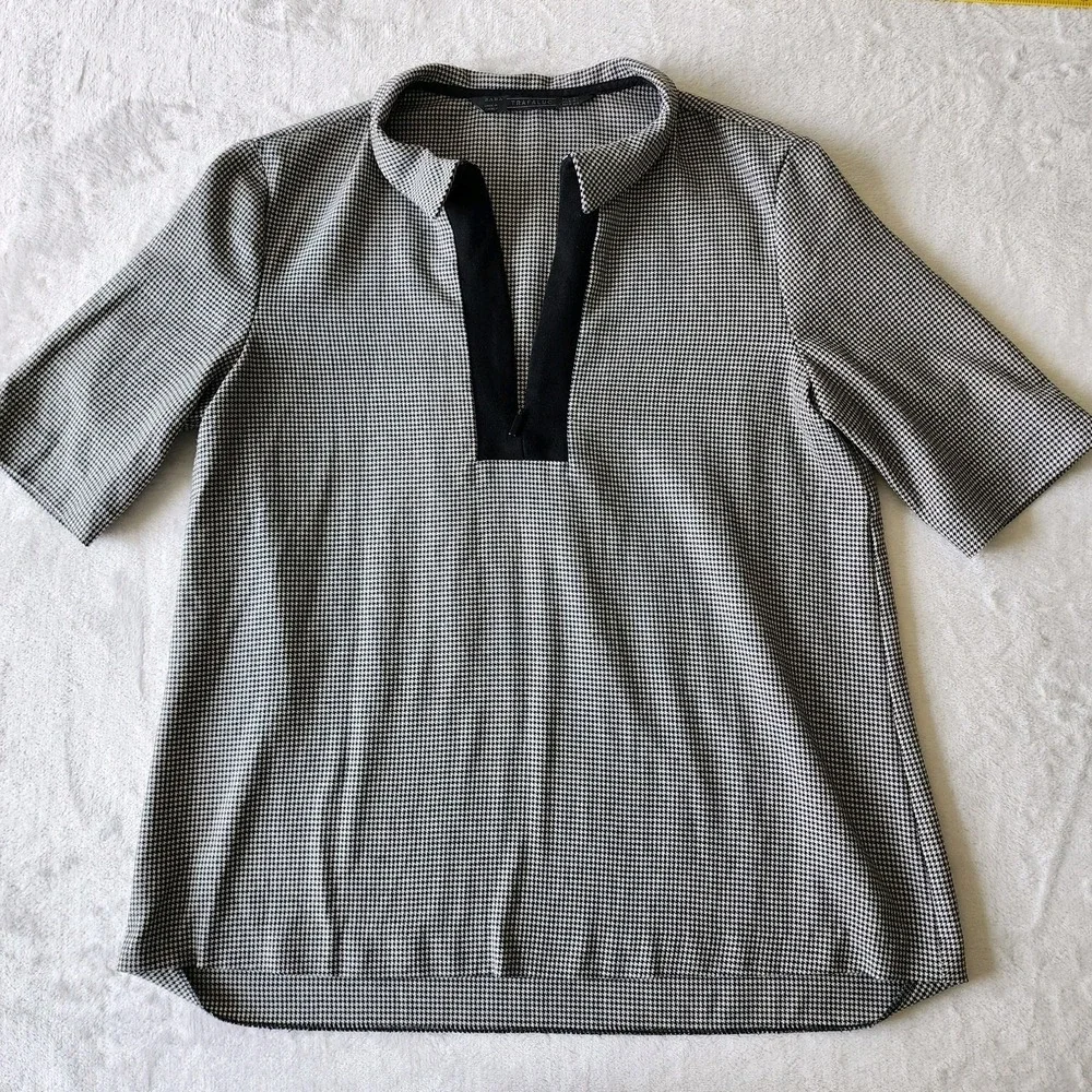 Zara Houndstooth Top Blouse Womens XS Black White Collared 1/4 Zip Preppy Office - Picture 7 of 12